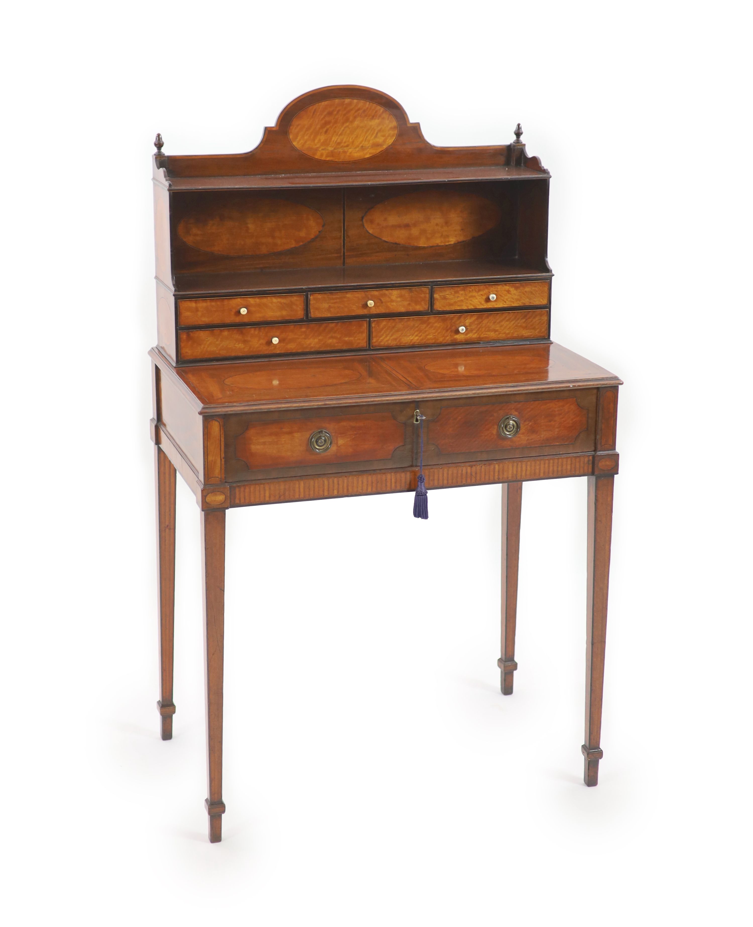 A George III Sheraton style mahogany and harewood bonheur du jour, W.78cm D.47cm H.130cm